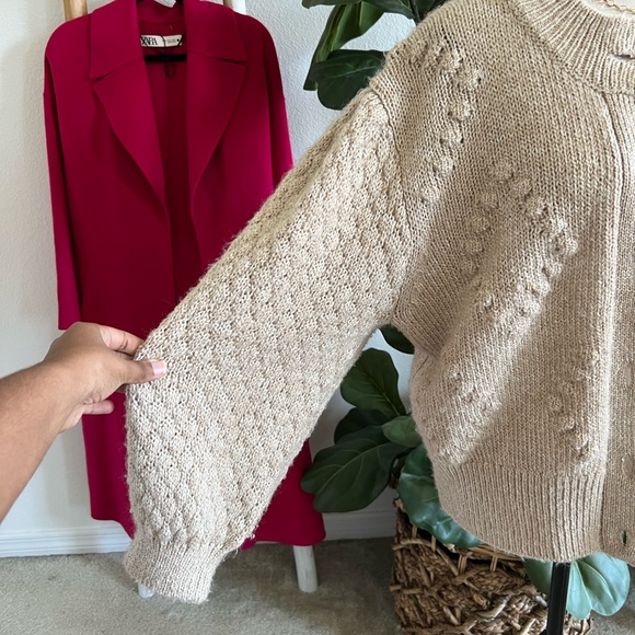 SOLD Who What Wear Wool Cardigan Button Down Pom Pom Knit Tan Heather Sweater - Picture 3 of 7